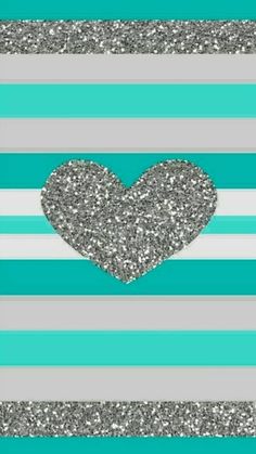 a blue and white striped background with a heart on it's center, surrounded by silver glitter