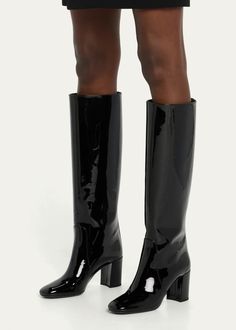 Saint Laurent Who Patent Block-Heel Knee Boots - Bergdorf Goodman Evening Patent Leather Knee-high Heeled Boots, Luxury Patent Leather High Heel Knee-high Boots, Luxury High Heel Patent Leather Knee-high Boots, Luxury High Heel Knee-high Boots In Patent Leather, Sleek Patent Leather Knee-high Boots With High Heel, Sleek Patent Leather High Heel Knee-high Boots, Evening Knee-high Patent Leather Heeled Boots, Elegant Formal Boots With Glossy Finish, Elegant Glossy Finish Boots For Formal Occasions