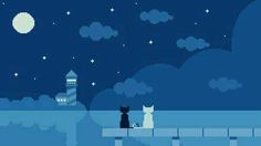 two cats sitting on a ledge in front of the city at night with stars and clouds