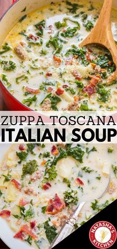 two pictures showing different types of italian soup