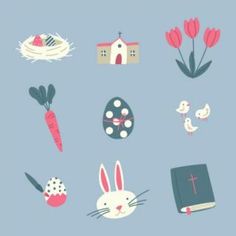 an easter card with eggs, carrots, and other things on it's blue background