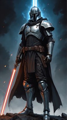 a star wars character standing on top of a hill with a light saber in his hand