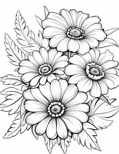 black and white drawing of flowers with leaves on the bottom half of each flower,