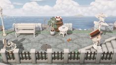 an animated image of a person sitting on a bench near the ocean and other objects