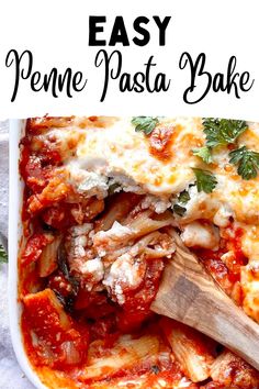 Baked penne pasta ina baking dish with a wooden spoon in it. Pasta Bake With Ricotta Cheese, Pasta Bake With Ricotta, Cheesy Penne Pasta, Best Pasta Bake Recipe, Baked Penne Pasta Recipes, Recipe With Ricotta Cheese, Penne Pasta Bake, Recipe With Ricotta, Ricotta Pasta Bake