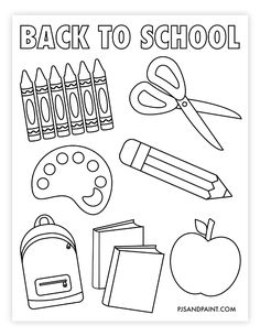 back to school coloring page with pencils, crayons and an apple on it