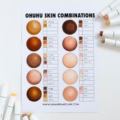 a sheet of paper with different skin combinations on it next to some markers and pens