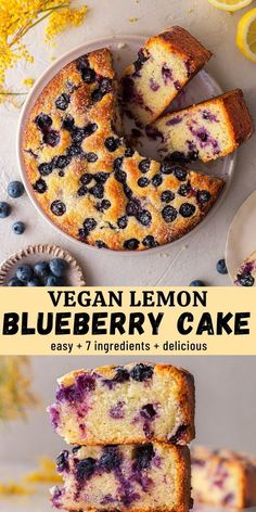 vegan lemon blueberry cake on a plate with slices cut out