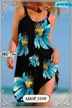 Women's Summer Beach Suspender Dress Casual Printed Dresses For Beach Party, Summer Sleeveless Midi Dress For Holidays, Sleeveless Summer Midi Dress For Holiday, Printed Spaghetti Strap Sundress For Beach Season, Printed Sundress With Spaghetti Straps For Beach Season, Casual Spaghetti Strap Mini Dress For Beach Season, Printed Sundress For Vacation, Blue Spaghetti Strap Dress For Vacation, Summer Midi Dress For Holiday