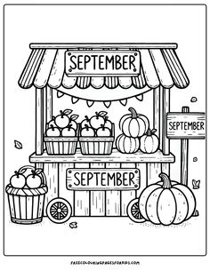 Immerse your little ones in the colorful essence of the harvest season as they bring to life a charming market stall brimming with juicy apples, vibrant pumpkins, and golden corn, all adorned with a cheerful September sign. 2nd Grade Coloring Pages, Hello September Coloring Page, Pages For Coloring, Cute And Easy Coloring Pages, September Colouring Pages, September Art Preschool, Fall Colouring Printables, September Coloring Sheets, Coloring For Kids Free Printables