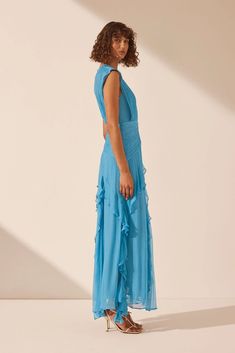 Margot Round Neck Sleeveless Maxi Dress | Aqua | Dresses | Shona Joy – Shona Joy International Blue Sleeveless Silk Chiffon Dress, Summer Silk Chiffon Maxi Dress For Gala, Summer Gala Silk Chiffon Maxi Dress, Elegant Floor-length Ruffle Dress For Summer, Elegant Floor-length Summer Ruffle Dress, Flowy Maxi Dress For Summer Gala, Flowy Sleeveless Chiffon Dress For Gala, Blue Silk Chiffon Floor-length Dress, Summer Sleeveless Silk Chiffon Dress