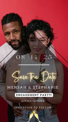 a man and woman standing next to each other in front of a red background with the words save the date