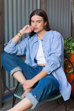 Sandy Blue Shirt - Tops - Velvet Heart Clothing Light Blue Button Up Shirt Outfit, Blue Oversized Shirt Outfit, Blue Linen Shirt Outfit, Blue Button Up Shirt Outfit, Light Blue Shirt Outfit, Blue Tshirt Outfit, Dark Denim Pants, Linen Shirt Outfit, Oversized Shirt Outfit