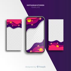 an instagramr with purple and yellow shapes on the bottom, along with a white background