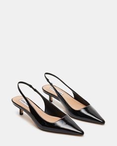 KARI Black Patent Slingback Point Toe Kitten Heel | Women's Heels – Steve Madden Black Pumps Outfit, Slingback Heels Outfit, Nyfw Backstage, Kitten Heels Outfit, Black Slingback Heels, 2024 Wishlist, Dr Shoes, Black Kitten Heels, Work Shoes Women