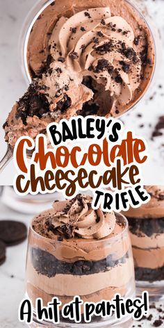 an image of chocolate cheesecake trifle with text that reads bailey's chocolate cheesecake trifle