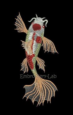 an embroidered fish with red and yellow feathers on it's tail, in the shape of a heart