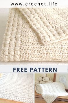 the crochet blanket pattern is shown in three different pictures and has been made with yarn