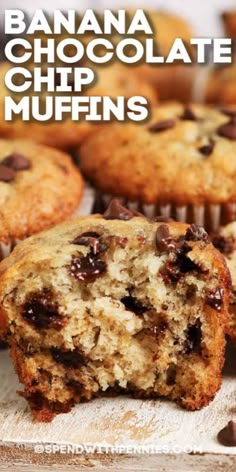 banana chocolate chip muffins on a cutting board with text overlay that reads, banana chocolate chip muffins