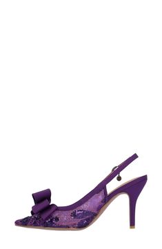 Tonal sequins and a voluminous bow enrich the mesh vamp of an occasion-ready slingback pump framed by a pointy toe and tapered heel. 3 1/4" heel Memory foam cushioning Textile upper/synthetic lining and sole Imported Slingback Pump, Women's Pumps, Memory Foam, Nordstrom, Pumps, Mesh, Heels, Purple