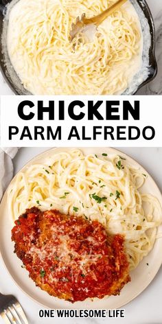 Chicken parmesan Alfredo being served on a white plate. Chicken Parmesan Recipe With Alfredo, Chicken Parmesan Recipe Alfredo, Chicken Parm With Alfredo Sauce, Parmesan Crusted Chicken Alfredo Pasta, Chicken Parmesan Alfredo Pasta, Chicken Parmesan With Alfredo Sauce, Chicken Parm Alfredo, Chicken Parm With Pasta, Chicken Parmesan With Pasta