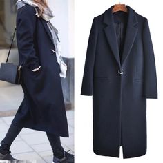 Blue Autumn, Woolen Coat Woman, Long Overcoat, Pockets Fashion, Long Coat Women, Coat Pocket, Plus Size Outerwear, Trench Jacket, Plus Size Coats