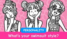 three girls with different hair styles and text that says, what's your swimsuit style?