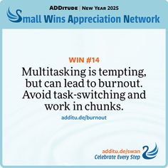 Multitasking is tempting, but can lead to burnout. Avoid task-switching and work in chunks. additu.de/burnoutDo you struggle with procrastination? 

Does it take you longer to get things done these days? 

These are all signs of burnout, a state of physical and emotional exhaustion that women with ADHD experience far too often additu.de/burnout