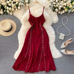 Burgundy Spaghetti Strap Evening Dress, Elegant Burgundy Dress With Spaghetti Straps, Elegant Burgundy Summer Dress, Aesthetic Grunge Outfit, Rich Burgundy, Understated Luxury, Midi Slip Dress, Split Dress, Spaghetti Strap Dress