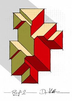 a drawing of an abstract design in red, yellow and green