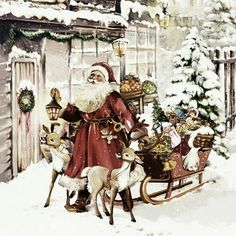 a painting of santa claus and his reindeers in the snow