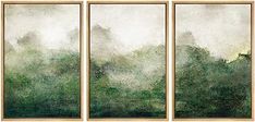 three paintings with green and white paint on them, each one has a gold frame