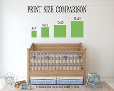 a baby's crib is shown with the print size comparison