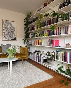 a living room filled with furniture and lots of books on the shelves in front of it