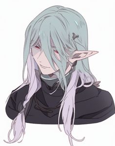 an anime character with long white hair and blue eyes, wearing black shirt and grey pants