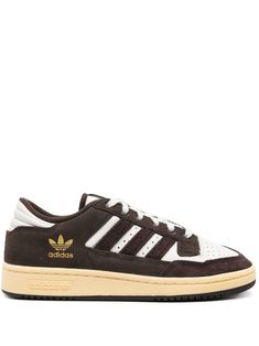 brown/white calf suede panelled design perforated toebox signature 3-Stripes logo logo patch at the tongue logo stamp at side contrasting heel counter front lace-up fastening round toe branded insole vulcanised-rubber sole Retro Brown Sneakers With Boost Midsole, Retro Adidas Leather Sneakers With Logo, Retro Adidas Sneakers With Logo, Adidas Custom Lace-up Sneakers With Three Stripes, Retro Sneakers With Three Stripes For Streetwear, Adidas Brown Skate Shoes With Rubber Sole, Retro Sneakers With Three Stripes And Round Toe, Brown Adidas Skate Shoes With Rubber Sole, Brown Adidas Sneakers With Branded Insole