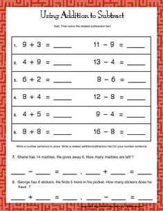 the addition to subtraction worksheet is in red and white with an orange border