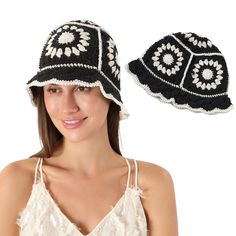 a woman wearing a black and white crochet hat with two matching hats on top