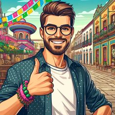 a man with glasses giving the thumbs up sign in front of a colorful cityscape