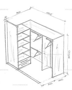 a drawing of a closet with shelves and drawers