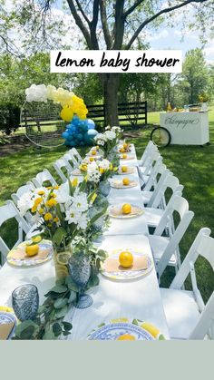 an outdoor baby shower with lemons and flowers