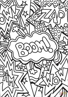 a coloring page with the word boom surrounded by stars and confetti in black and white