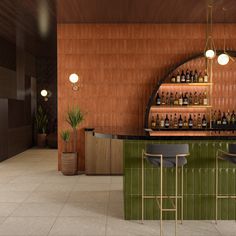 an empty bar with stools and bottles on the shelves