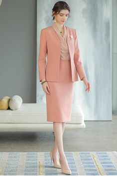 Business Suit Women Aesthetic, Pink V-neck Workwear Set, Spring Business Skirt Suit For Office, Pink V-neck Set For Work, Formal Spring Skirt Suit With Suit Collar, Pink Skirt Suit For Formal Spring Occasions, Spring Office Skirt Suit With Notch Lapel, Elegant Spring Career Skirt Suit, Spring Skirt Suit With Notch Lapel For Office Wear