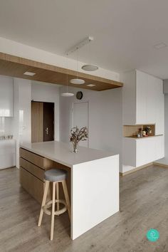 a kitchen with an island and stools in it