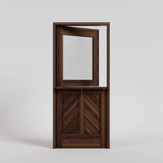 an open wooden door with a mirror on the top and bottom panel, against a white background