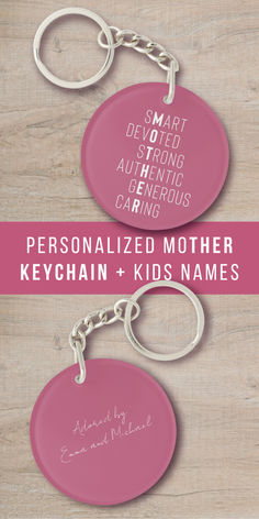 two personalized keychains with names on them, one is pink and the other is white