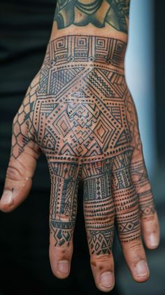 Detailed geometric tattoo design on a hand, showcasing intricate artistry and cultural significance. Detailed Art, Dark Ink, Hand Design, Hand Designs