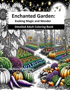 an adult coloring book with lots of colorful vegetables and plants in the garden, surrounded by lights