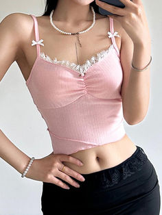 Bow Lace Trim Crop Cami Top - AnotherChill Lace Trim Cami Top, Fishnet Top, Strap Crop Top, Casual Outerwear, Y2k Clothing, Cropped Cami, Cami Crop Top, Tank Top Camisole, Lace Crop Tops